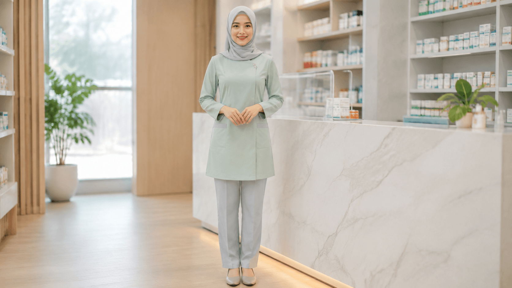 Inspirasi tampilan seragam tim apotek dan klinik
