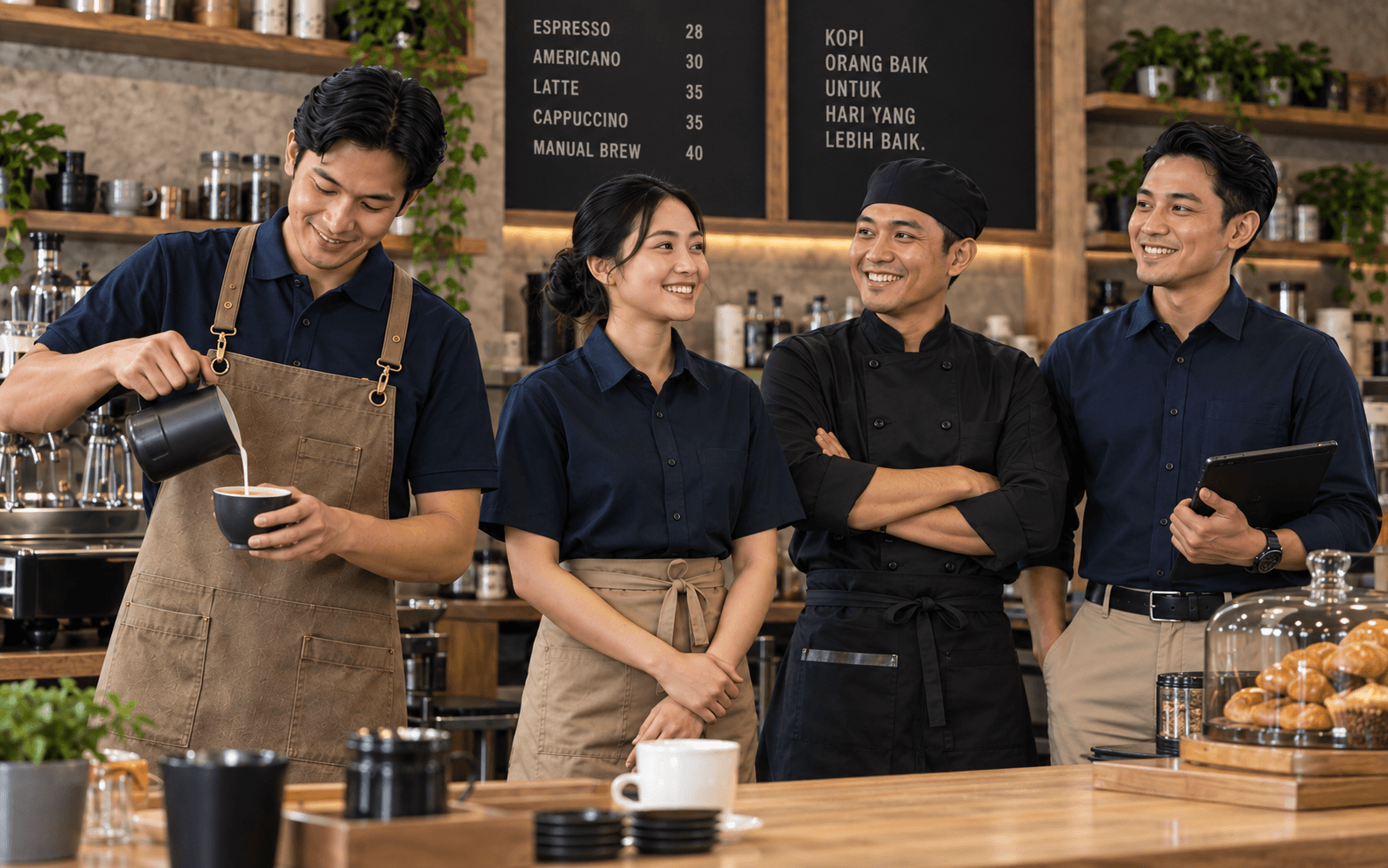 Seluruh tim kafe tampil berwarna dengan seragam yang selaras untuk setiap peran