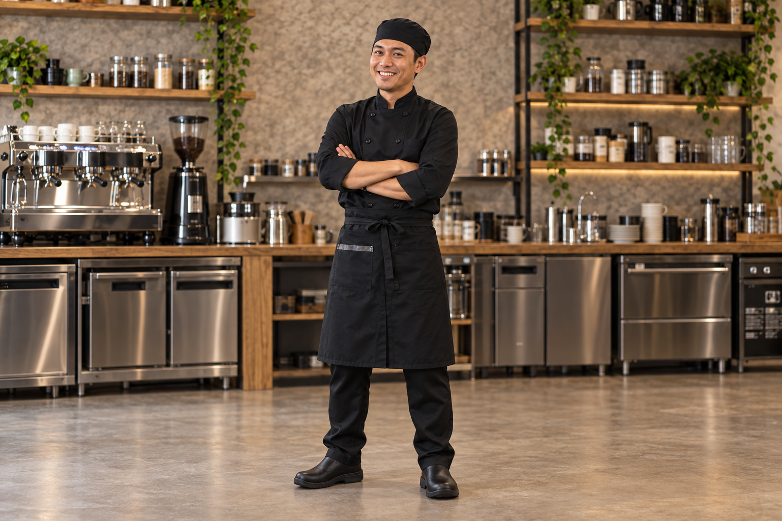 Staf kitchen mengenakan atasan dapur, apron, celana, dan sepatu kerja